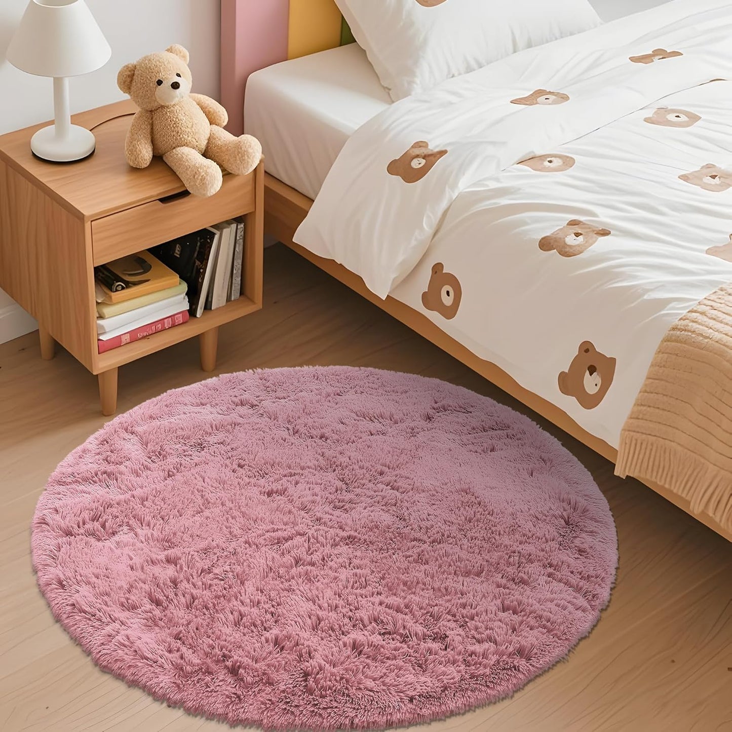 OLANLY Round Area Rug - Soft, Fluffy, Machine Washable 3 ft Pale Pink Carpet for Bedroom & Nursery Decor