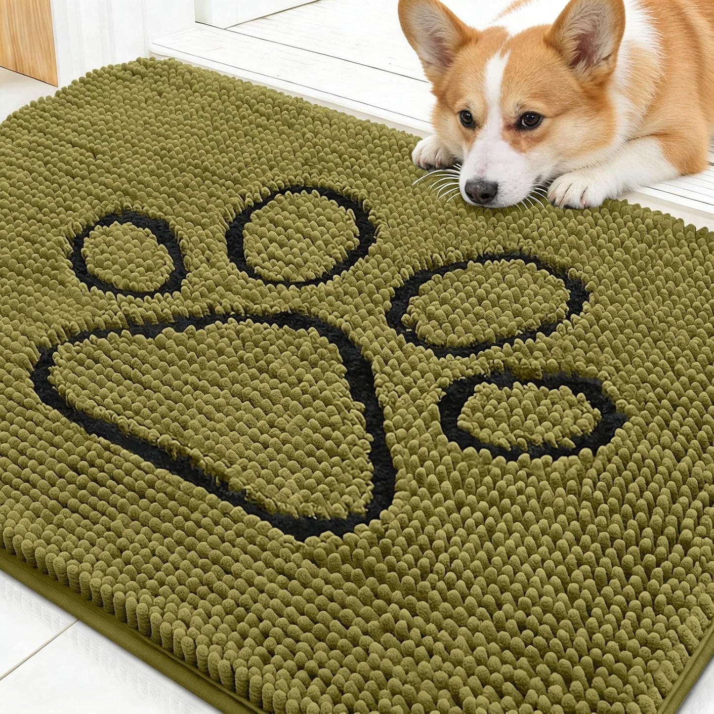 OLANLY Dog Door Mat - Muddy Paws Absorbent Chenille Doormat | Non-Slip, Quick Dry, 30x20, Willow Green