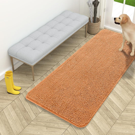OLANLY Dog Door Mat for Muddy Paws 54x24, Absorbs Moisture and Dirt, Absorbent Non-Slip Washable Doormat, Quick Dry Chenille Mud Mat for Dogs, Entry Indoor Entryway Carpet for Inside Floor, Orange
