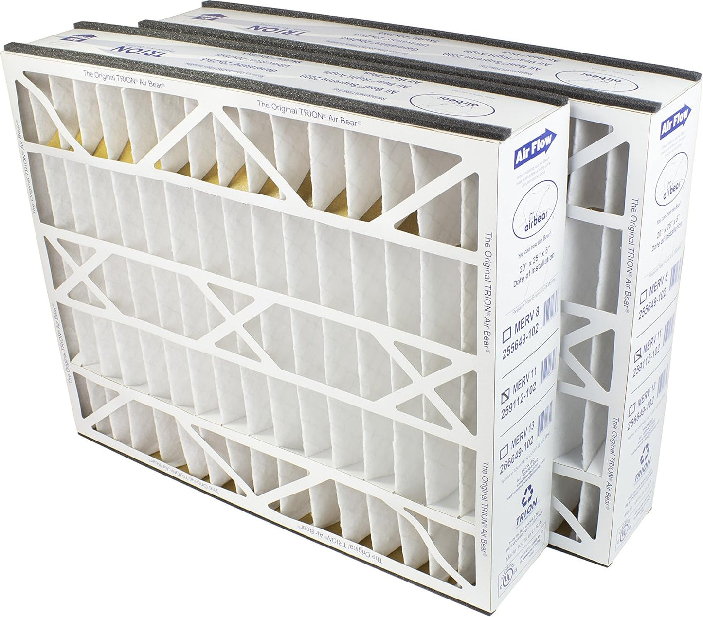 Trion Air Bear Pleated Air Filter - MERV 11 | 20” x 25” x 5” (2-Pack) for Superior Air Quality