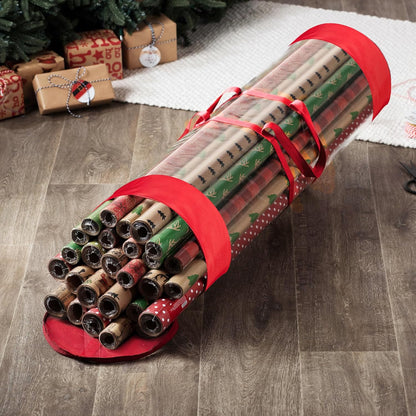 ZOBER Gift Wrap Storage Organizer - 40 Inch Round Wrapping Paper Holder | Durable Clear PVC & 600D Oxford Fabric - Fits 25 Rolls - Red