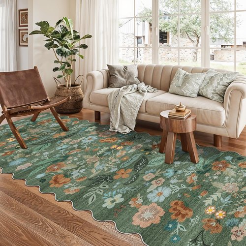 Washable 3x10 Hallway Runner Rug: Floral Scalloped Soft Runners for Entryway Kitchen Nursery Non Slip Bathroom Floor Mat Water Resistant Light Weight Carpet for Living Room Bedroom (3x10 Floral/Green)