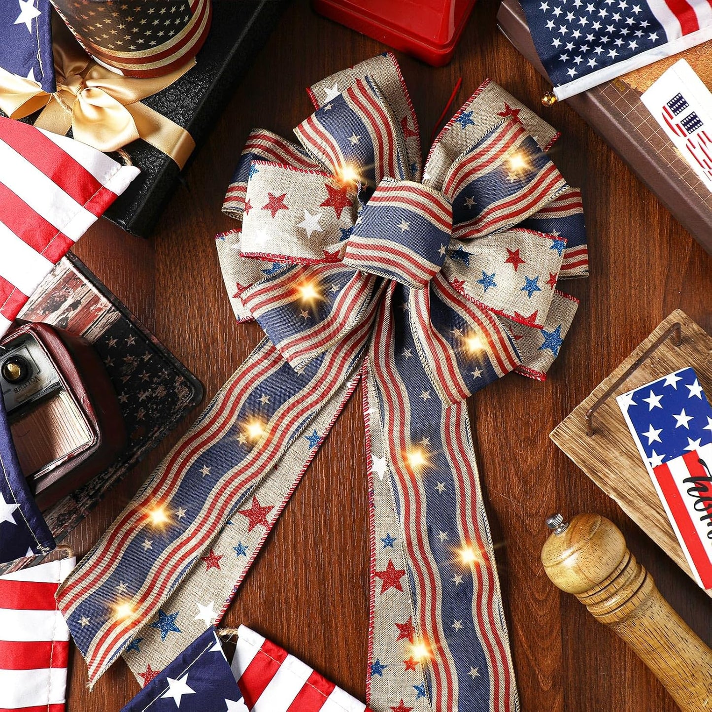 Regine Switzerland Patriotic Lighted Wreath Bow - Large Red, White & Blue 4th of July Decor