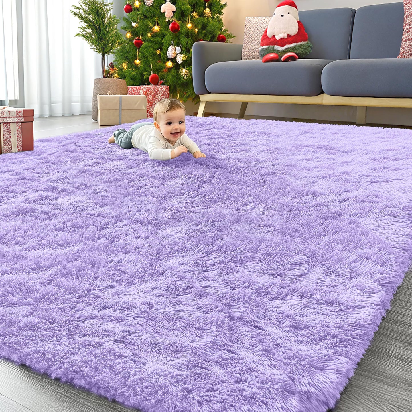 OLANLY 9x12 Machine Washable Large Area Rugs for Living Room, Bedroom, Soft Fluffy Shaggy Bedside Rug, Indoor Floor Carpet for Kids Girls and Boys, Dorms, Nursery, Home Decor Aesthetic, Light Purple