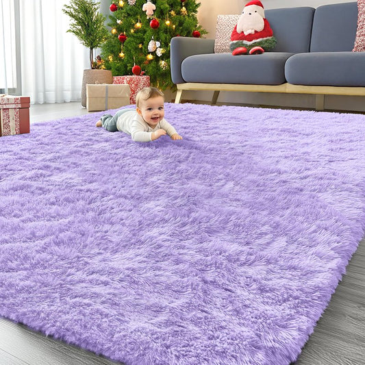 OLANLY 9x12 Machine Washable Large Area Rugs for Living Room, Bedroom, Soft Fluffy Shaggy Bedside Rug, Indoor Floor Carpet for Kids Girls and Boys, Dorms, Nursery, Home Decor Aesthetic, Light Purple