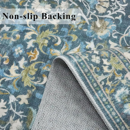 Skiennix Washable Hallway Runner Rug - Vintage Water-Resistant, Ultra Soft, Non-Slip | 2x8 Floral Blue