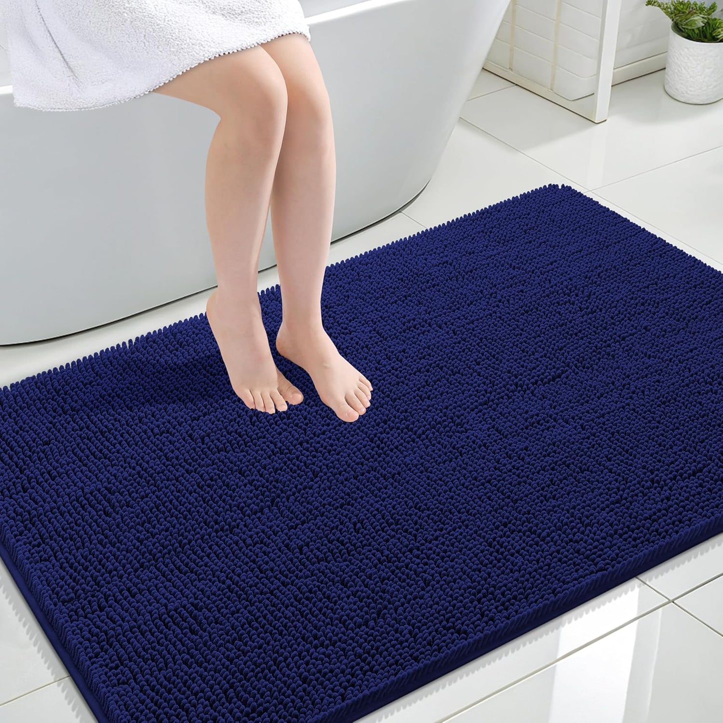 OLANLY Large Bathroom Rugs - Extra Soft Chenille Bath Mats | Quick-Dry, Machine Washable, Navy 47x32