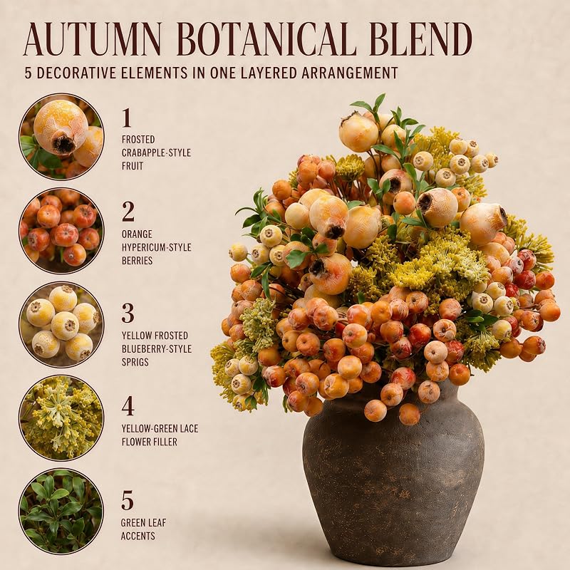 Artificial Berry Stems with Eucalyptus & Blueberries - 3 Bunches, 13in Each - Yellow Variation