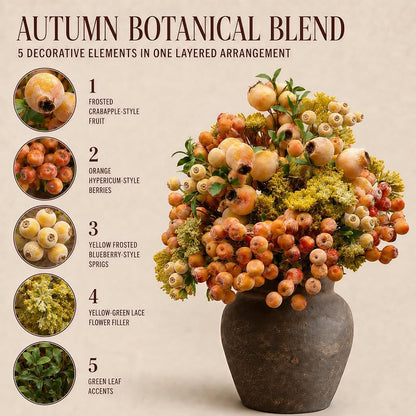 Artificial Berry Stems with Eucalyptus & Blueberries - 3 Bunches, 13in Each - Yellow Variation