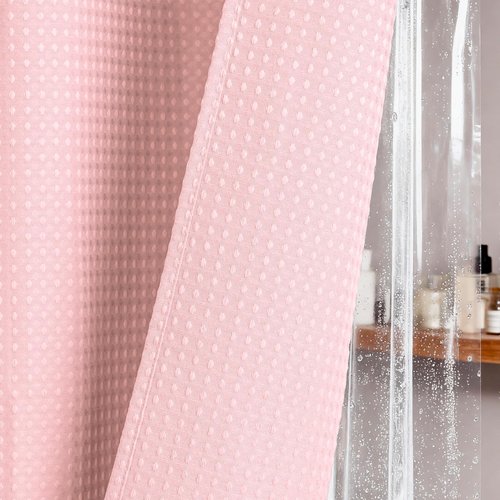 Dynamene Long Shower Curtain and Liner Set - 78 inch Tall Waffle Fabric, Waterproof Clear Liner, Heavy Duty Weighted Hotel Luxury Cloth Shower Curtains for Bathroom with 12 Hooks, 72x78, Pink