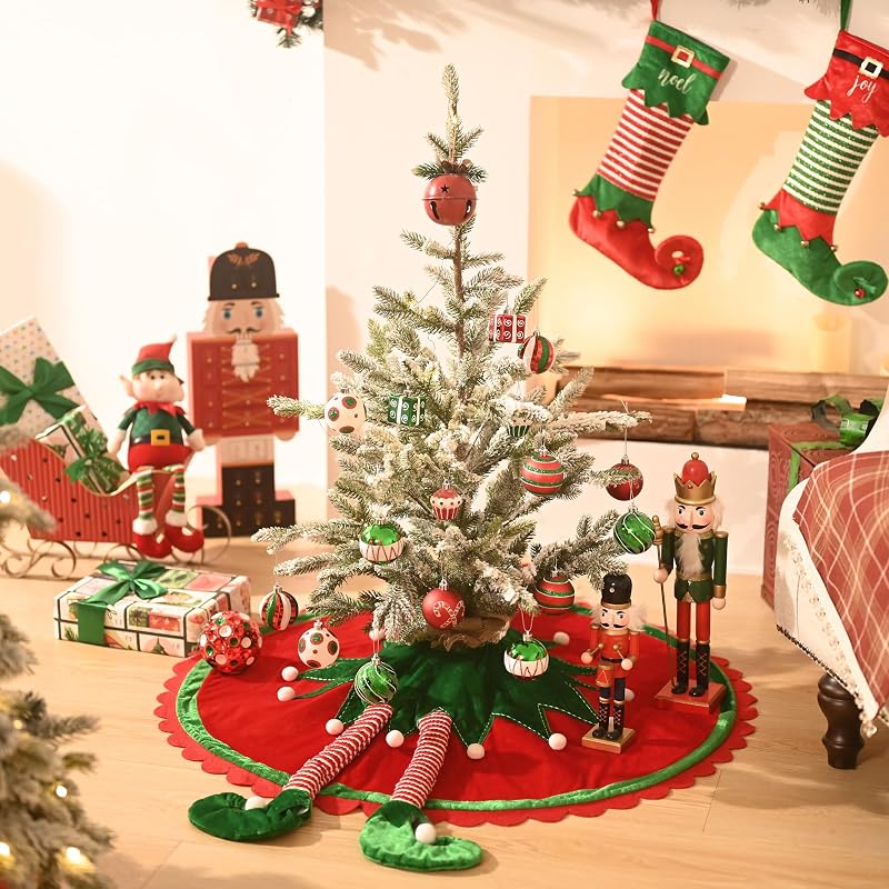 Valery Madelyn 48" Elf Christmas Tree Skirt - Red & Green Velvet