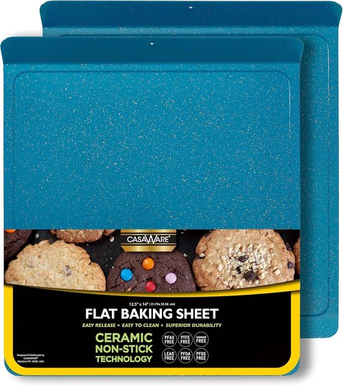 CasaWare Large Flat Baking Cookie Sheet - 12.5 x 14-Inch with 1.5-Inch Handle | Ceramic Non-Stick Coating in Blue Granite