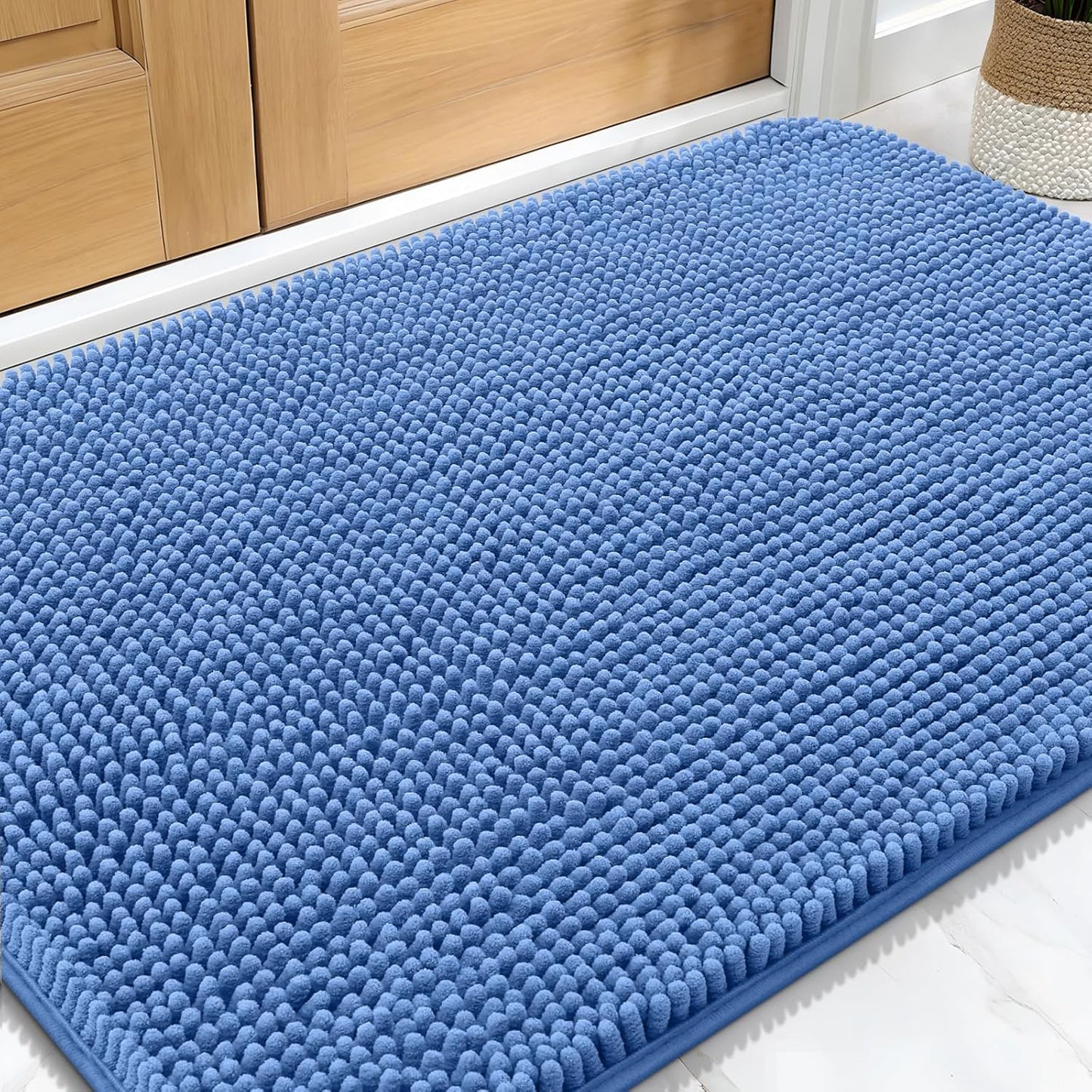 OLANLY Dog Door Mat - Absorbent Non-Slip Chenille for Muddy Paws | 32x20 Cornflower Blue Indoor Carpet