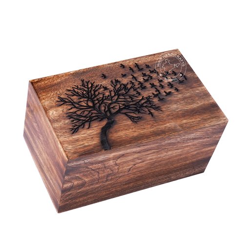 HIND HANDICRAFTS Wooden Box Funeral Cremation Urns for Human Ashes Adult Large - Burial Urns for Columbarium - Tree of Life Flying Bird (180 Cubic Inches, Antique)