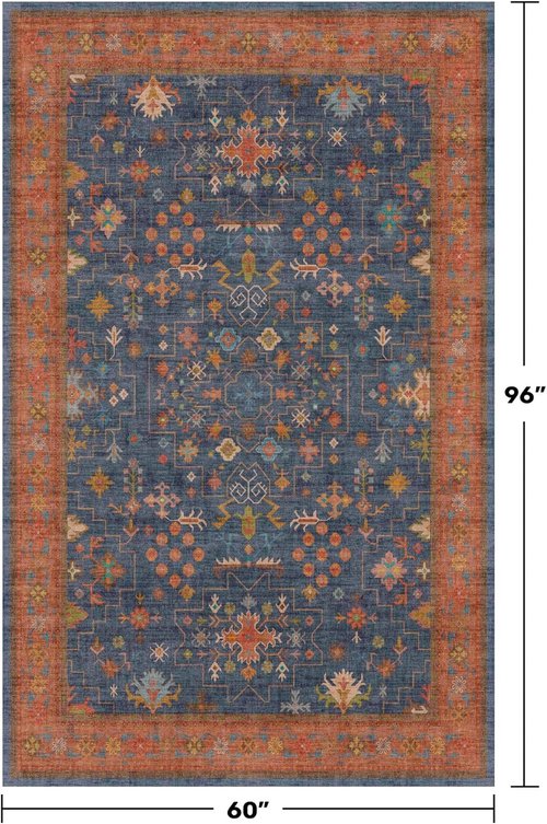 Hazo Haus Dark Blue & Terracotta 5x8 Area Rug - Machine Washable, Non-Slip, Stain Resistant for Living Room, Bedroom & Kitchen