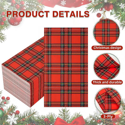 100-Count Christmas Plaid Napkins, 3-Ply Paper, Red & Green Classic Tartan