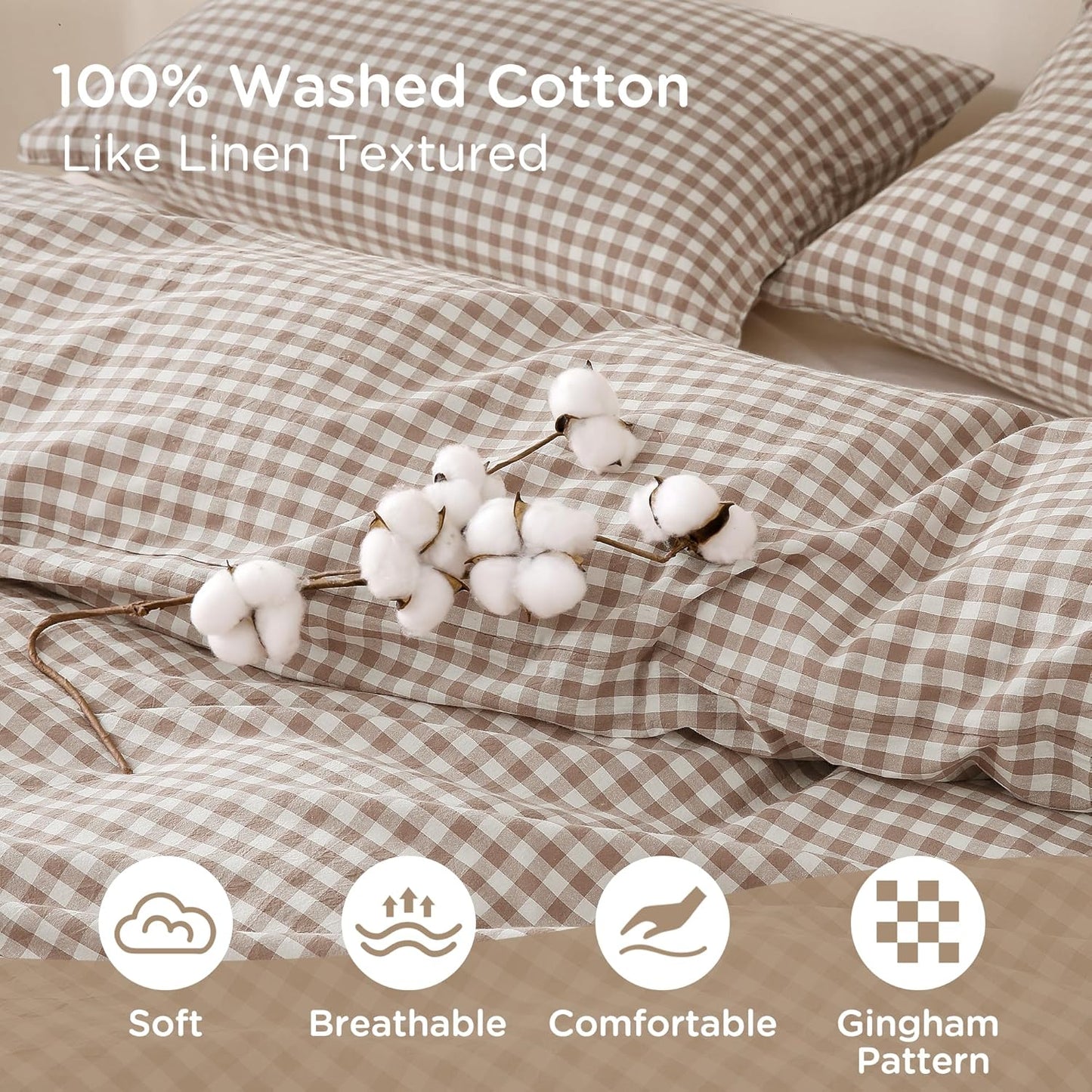 TOCOMOA Tan Gingham Duvet Cover Set - 100% Washed Cotton, Super Soft & Comfy | Queen Size (90"x90")
