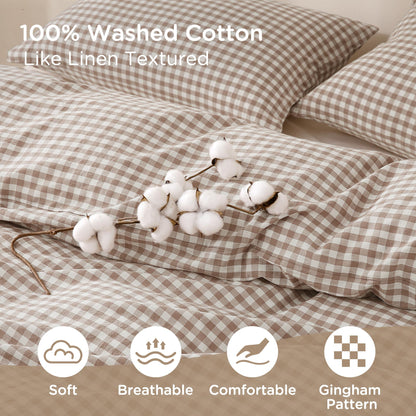 TOCOMOA Tan Gingham Duvet Cover Bedding Set 100% Washed Cotton Like Linen Feel Super Soft Comfy 3 Piece Brown Vintage Plaid Checkered Fall Comforter Cover Set (King 104"x90", Comforter Not Included)