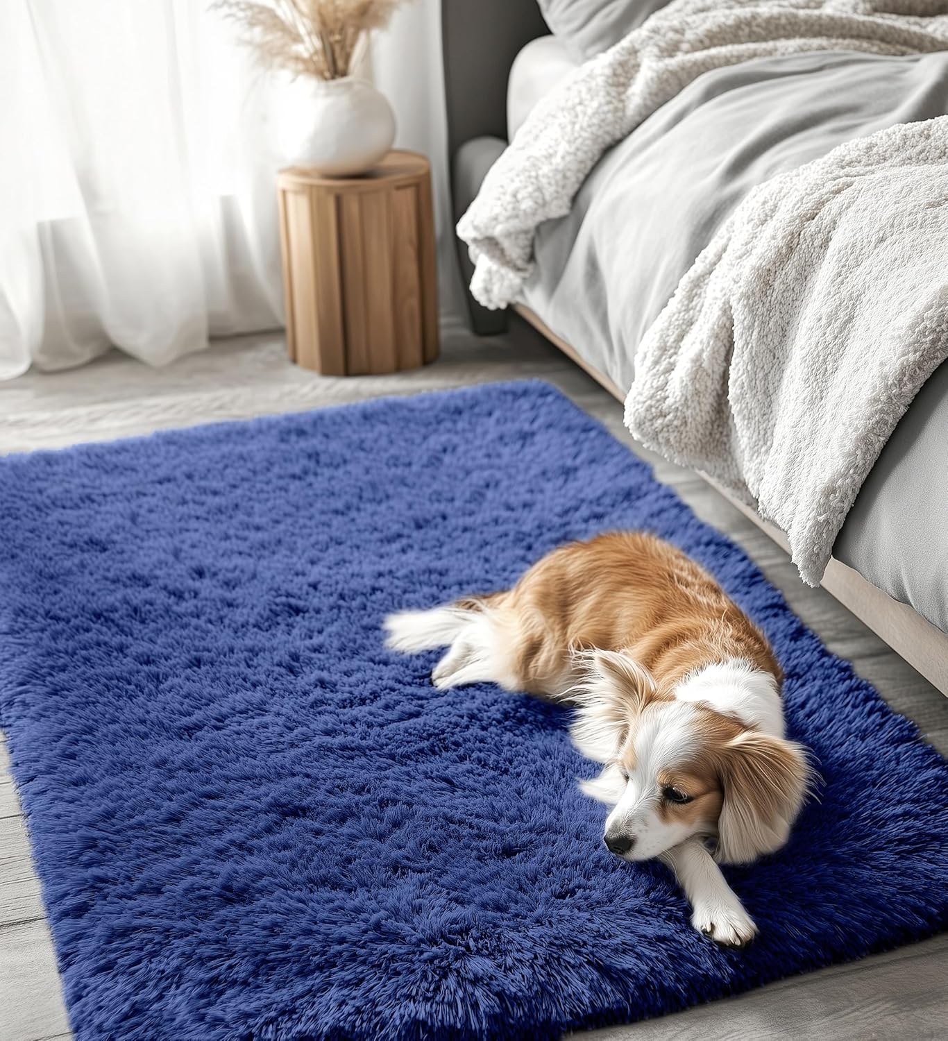 OLANLY Soft Fluffy 3x5 Machine Washable Bedside Rug - Navy Blue Shaggy Carpet for Kids & Home Decor