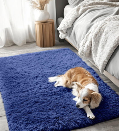 OLANLY 4x4 Machine Washable Accent Rug, Soft Fluffy Shaggy Area Rug for Bedroom, Living Room, Indoor Floor Carpet for Kids, Nursery, Home Decor, Navy Blue