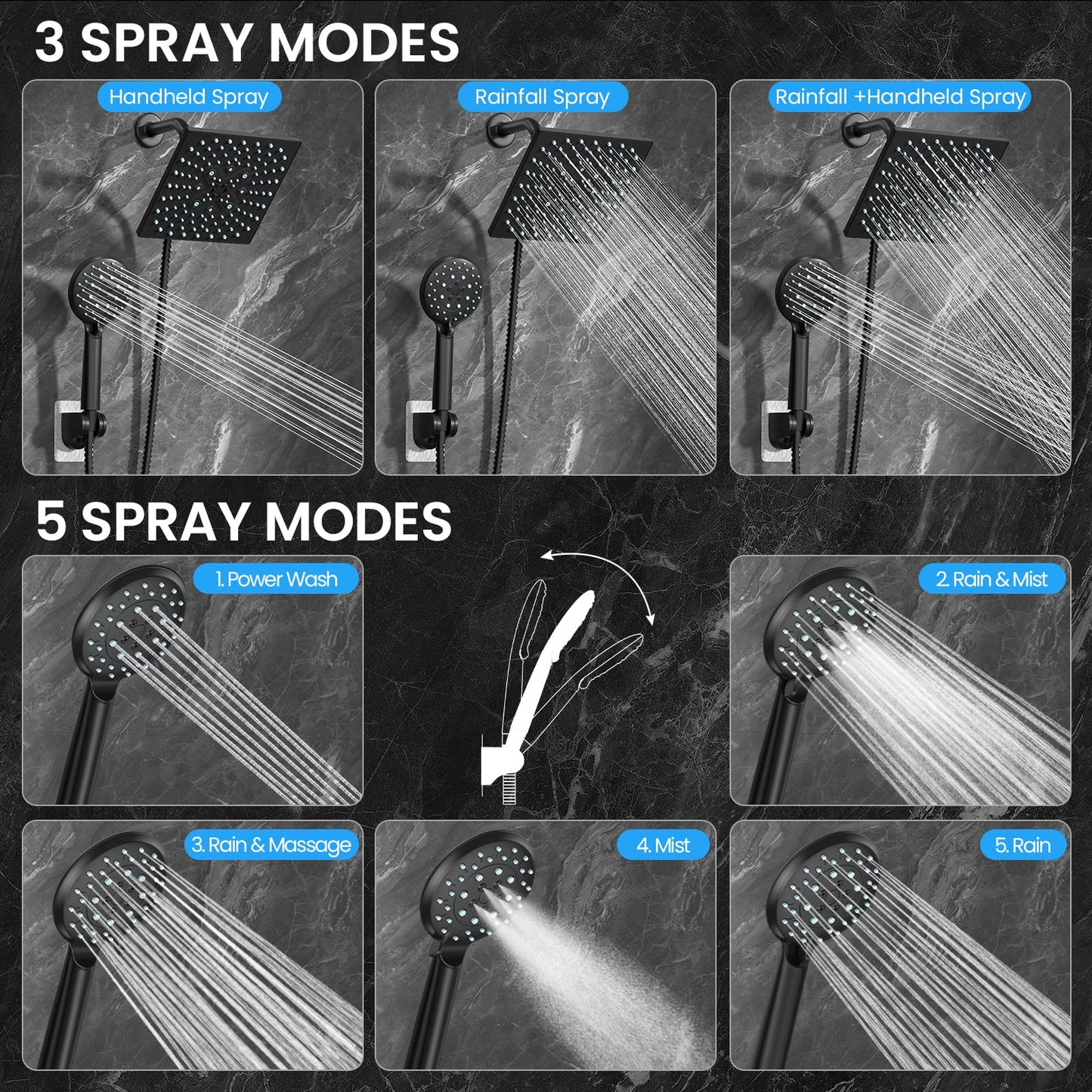 Veken High Pressure Rain Shower Head with Handheld, Multi-Functions Square Rainfall Shower Heads with 5-Mode Handheld Spray Combo, Detachable Hand Held Showerhead, Dual Matte Black Regaderas Para