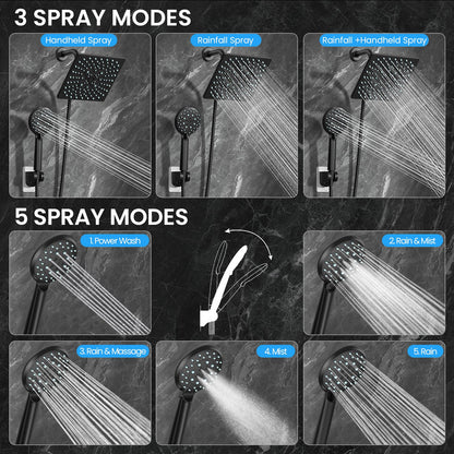 Veken High Pressure Rain Shower Head with Handheld, Multi-Functions Square Rainfall Shower Heads with 5-Mode Handheld Spray Combo, Detachable Hand Held Showerhead, Dual Matte Black Regaderas Para