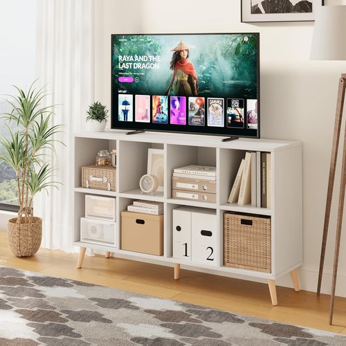 Flrrtenv 8-Cube Bookshelf - Modern 2-Tier Bookcase with Legs | 47" Freestanding Wood Storage in White