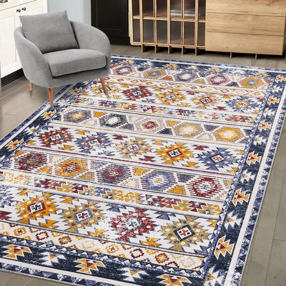 ROYHOME Area Rug 9x12 Large Washable Area Rug Bedroom Living Room Boho Tribal Area Rug Geometric Throw Carpet Indoor Moroccan Floor Cover Modern Bohemian Area Rug for Home Office, Navy/Multi