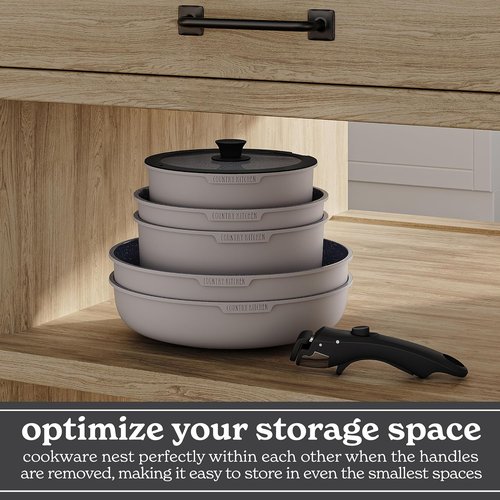 Country Kitchen Cookware Set - Removable Handle, Oven & RV Safe Pots and Pans, Grey/Black