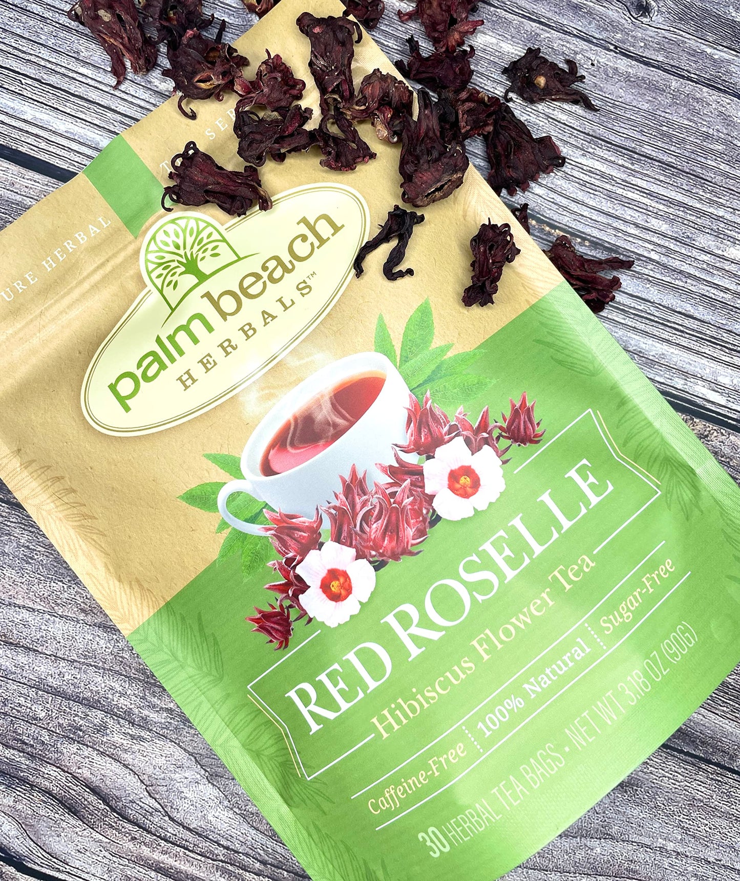 Red Roselle Hibiscus Flower Tea by Palm Beach Herbals, 30 Count Tea Bags, Caffeine-Free | Pure Herbal Tea Series