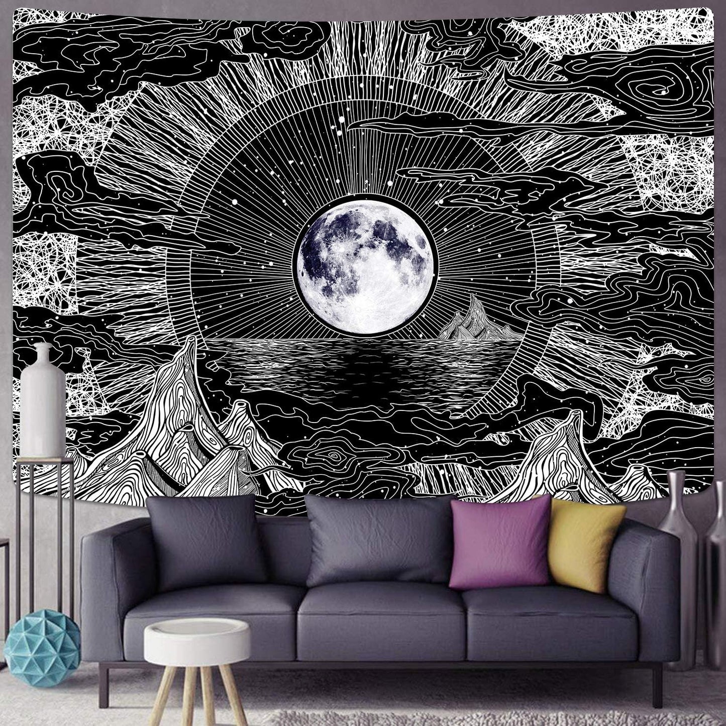 Sevenstars Psychedelic Mountain Tapestry - Moon & Star Clouds Design for Room Decor