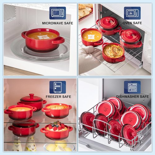 LOVECASA Mini Cocotte Set - 12 OZ Casserole Dishes with Lids | Oven & Microwave Safe, Set of 4 - Red