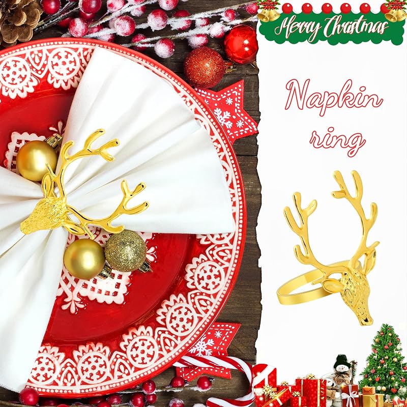 Gin Gle Bells Gold Antler Napkin Rings Set of 12 - Christmas Holiday Table Decor (Variation of THIS listing: Gin Gle Bells - Gold+12)