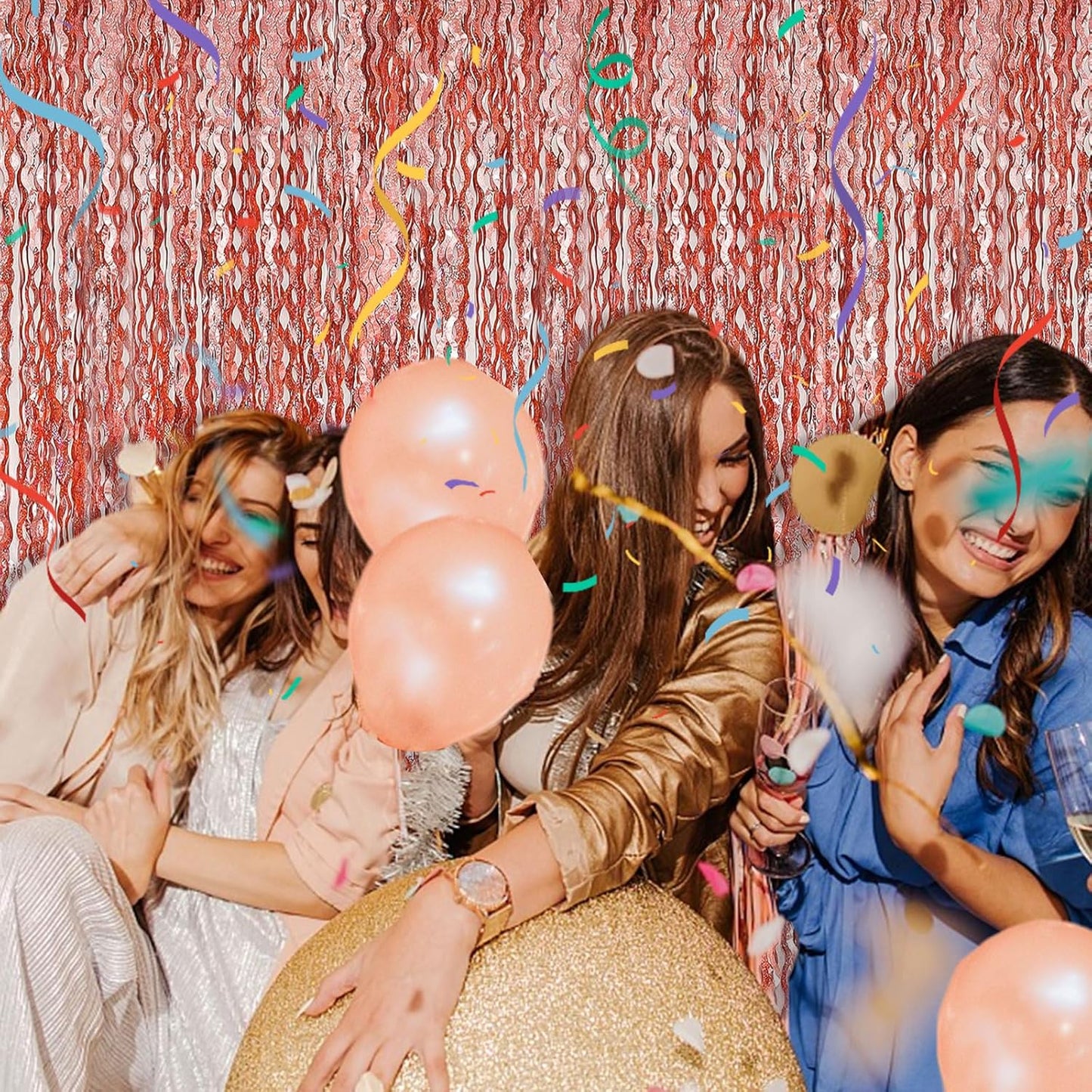 Rose Gold Tinsel Foil Fringe Curtains - Wavy Backdrop for Parties & Events | Photo Booth Decor