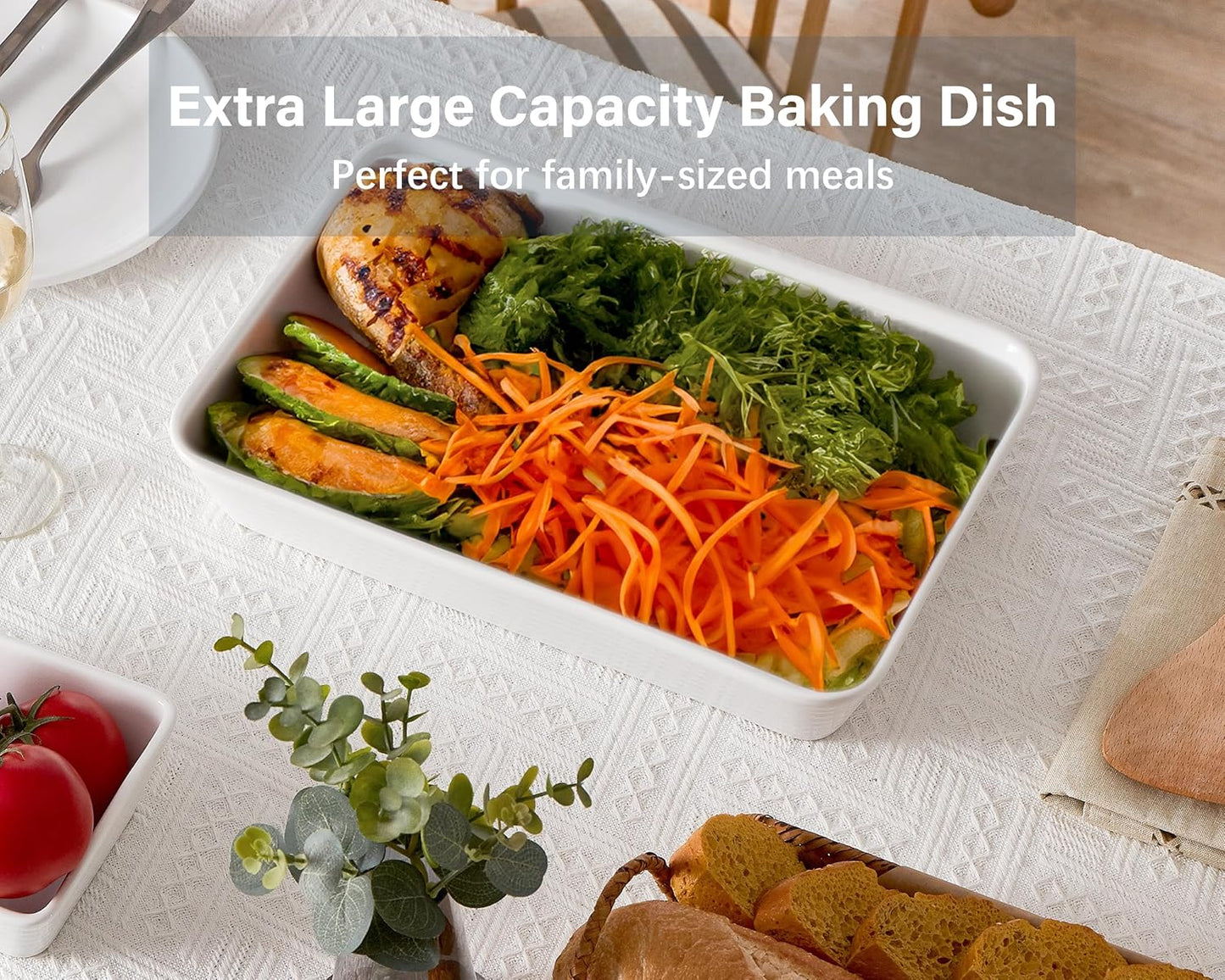ONEMORE Ceramic Baking Dish - 9x13 Large Rectangular Casserole Pan for Oven & Family Meals | Ribbed White Bakeware