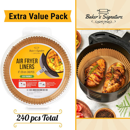 Baker's Signature 250 Pcs Air Fryer Liners - Round Non-Stick & Oil Proof for Easy Cleanup | 8 Inch for 5-8 Qt Baskets