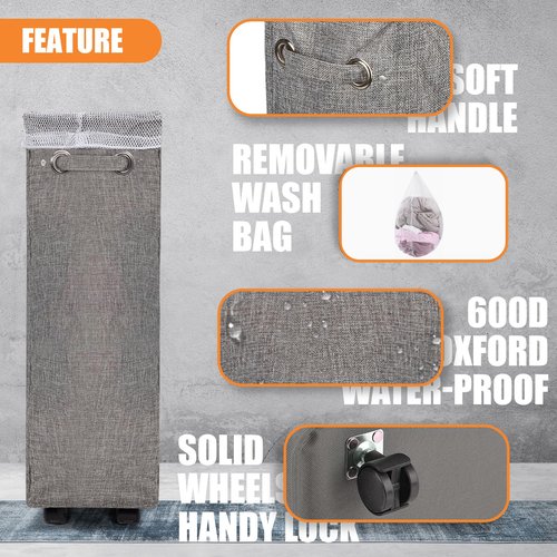 Laundry Hamper, Caroeas 27.5-inches Burlap Rolling Laundry Hamper Collapsible Tall & Slim Laundry Basket with Breathable Wash Bag Waterproof & Dustproof Laundry Cart on Wheels