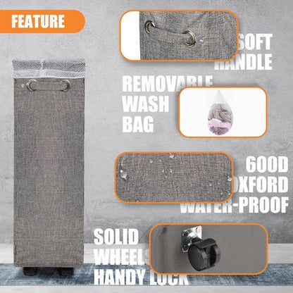 Laundry Hamper, Caroeas 27.5-inches Burlap Rolling Laundry Hamper Collapsible Tall & Slim Laundry Basket with Breathable Wash Bag Waterproof & Dustproof Laundry Cart on Wheels