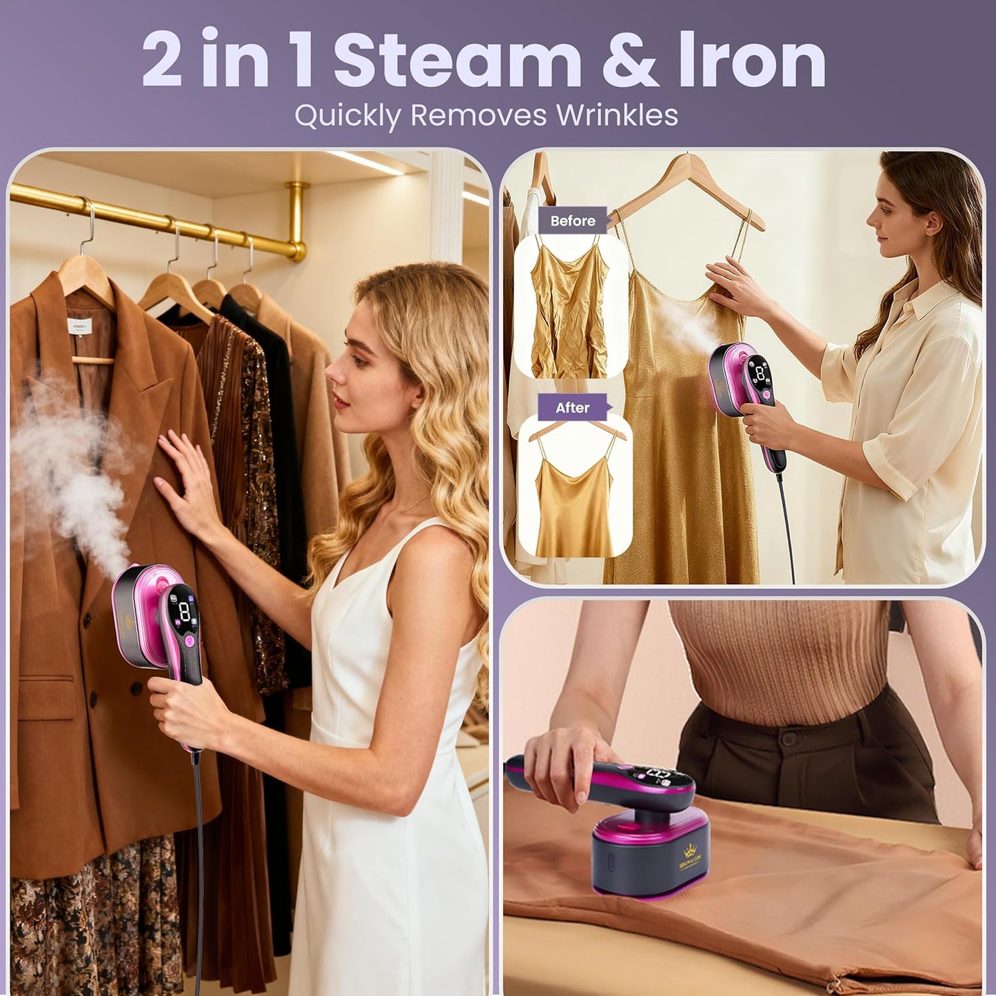 Skiennix Travel Steamer for Clothes - Fast 10s Heat Up, 4 Adjustable Modes, 100ml Tank | Pink