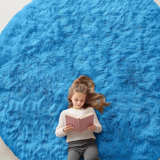 OLANLY Bright Blue Round Rug - Soft, Fluffy, Machine Washable 9 ft Circle Area Rug for Bedroom & Living Room