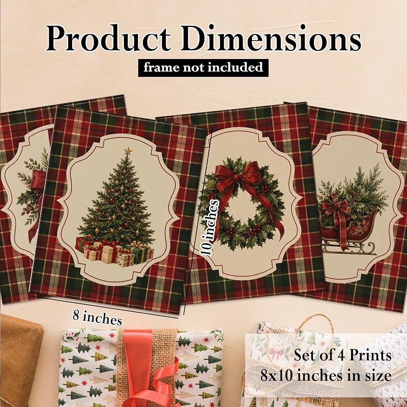 DOFQZ Red and Green Tartan Christmas Wall Art Prints 8x10 Set of 4 — 17Child+8x10