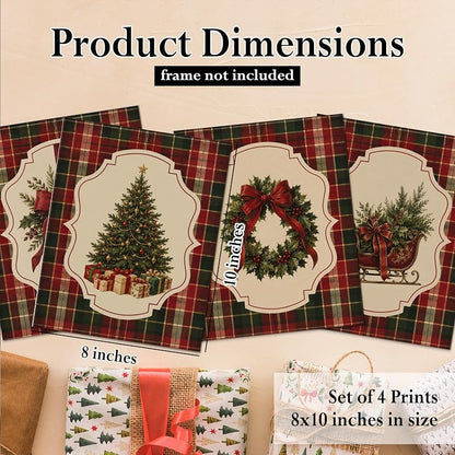 DOFQZ Red and Green Tartan Christmas Wall Art Prints 8x10 Set of 4 — 17Child+8x10
