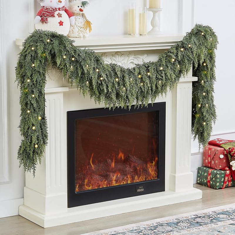6FT 2PCS Extra Full Lighted Cedar Garland with LED Lights - 168 Branches, Realistic Two-Tone PE Foliage