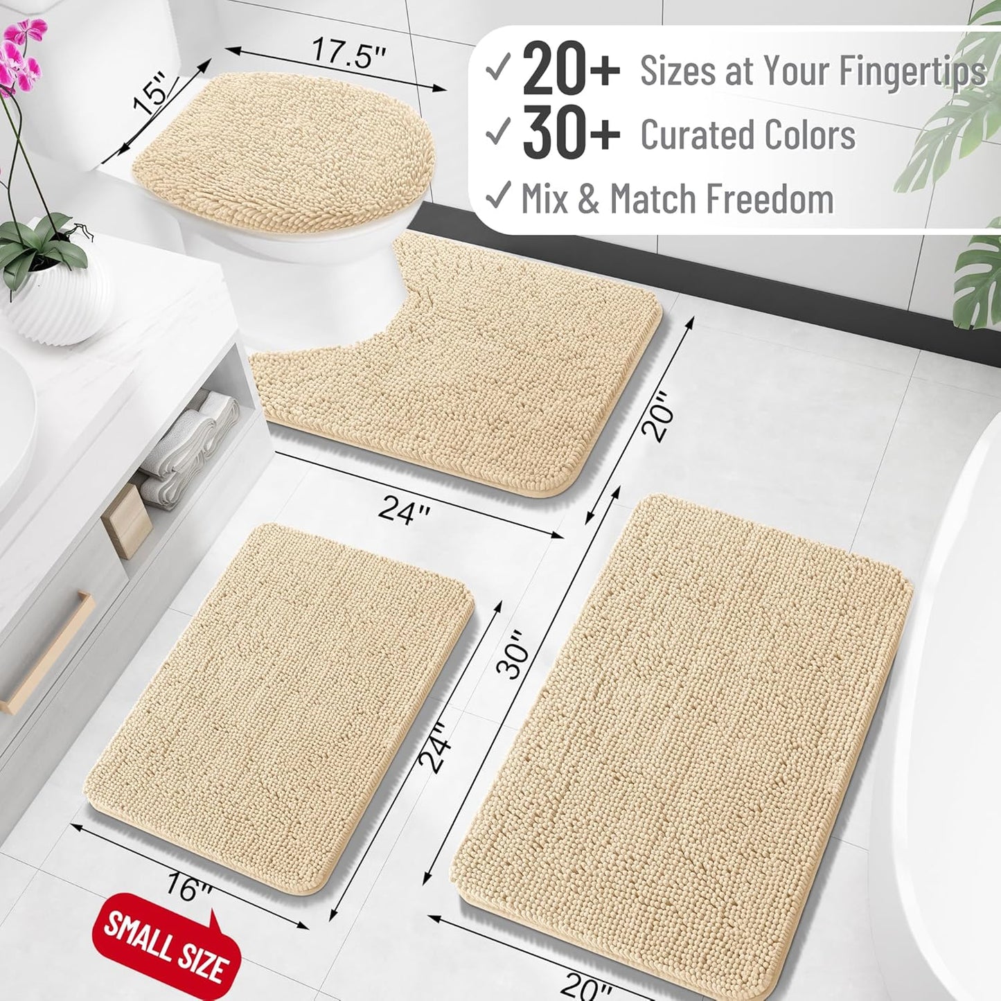 OLANLY U-Shaped Toilet Rug - Extra Soft Absorbent Chenille Bath Mat | 24x24 Inches, Beige, Non-Slip