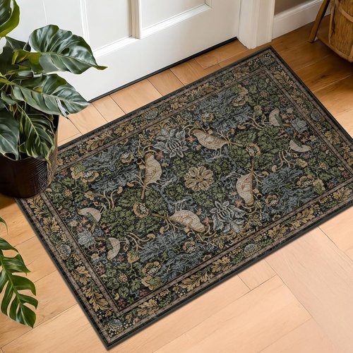 Hazo Haus Washable Floral Rug - Vintage Dark Botanical Design | Small 2x3 Indoor Mat in Earthy Tones