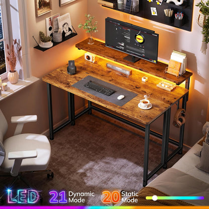 DurayLoly Folding Desk - Compact Computer Desk with Monitor Stand & LED Lights | 31.5 Inch Rustic Brown