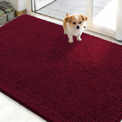 OLANLY Dog Door Mat - Absorbent Non-Slip Chenille Mat for Muddy Paws | 50x30 Inches, Burgundy