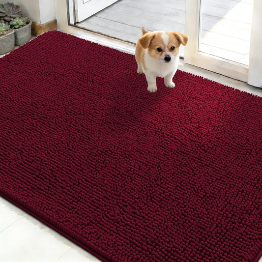 OLANLY Dog Door Mat for Muddy Paws 50x30, Absorbs Moisture and Dirt, Absorbent Non-Slip Washable Doormat, Quick Dry Chenille Mud Mat for Dogs, Entry Indoor Entryway Carpet for Inside Floor, Burgundy