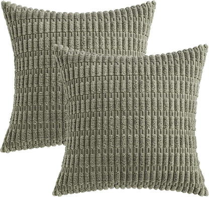 MIULEE Corduroy Throw Pillow Covers - Soft Boho Striped Design | 20x20 Inch Light Olive Green (Set of 2)