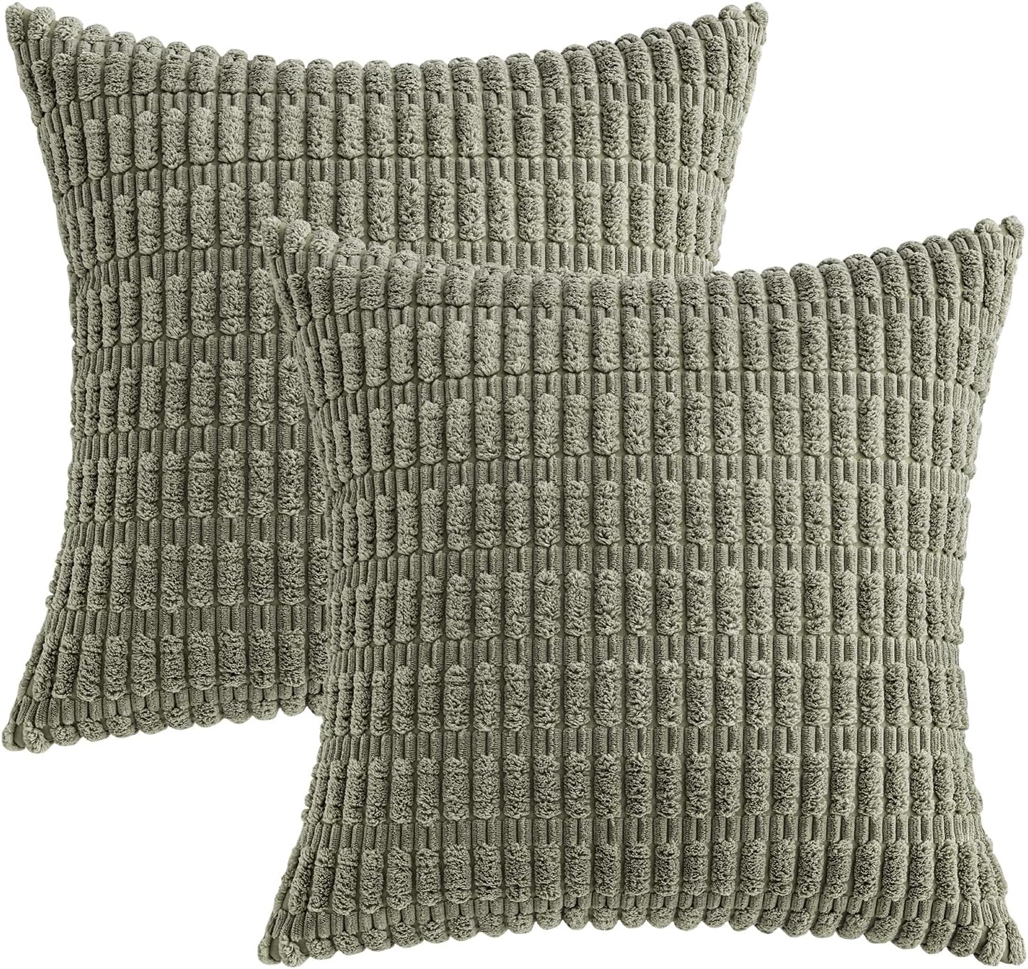 MIULEE Corduroy Throw Pillow Covers - Soft Boho Striped Design | 18x18 Inch Light Olive Green for Modern Home Decor